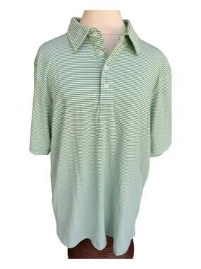 Charleston Threads Men Polo Shirt-XL-Green/White Stripes-4 Button-EUC-59